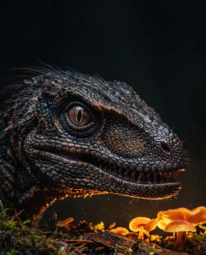 Raptor Dinosaur Lit by Glowing Fungi