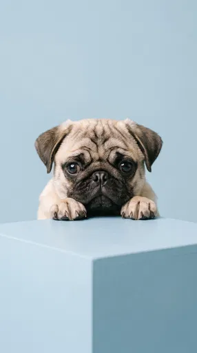 Cute Fawn Pug Peeking Over Blue Block