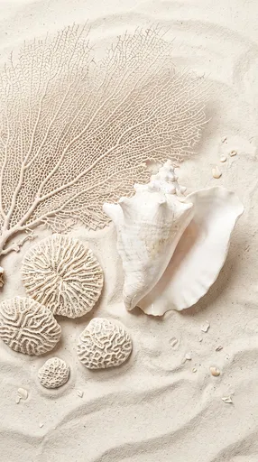 White Conch Shell and Coral on Sand