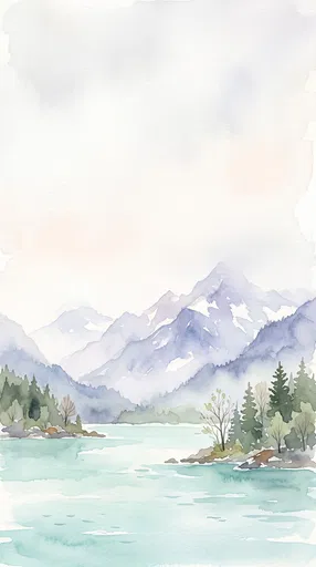Pastel Watercolor Mountain Lake Landscape