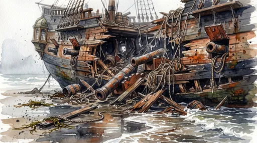 Watercolor Wrecked Pirate Ship Hull