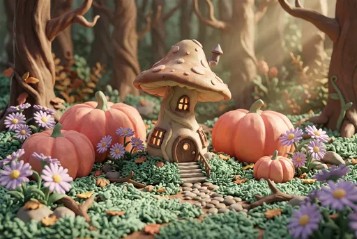 Clay Style Mushroom House With Pumpkins