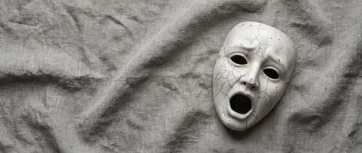Cracked Screaming Porcelain Mask on Gray Linen
