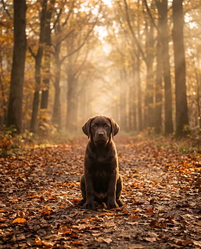 Chocolate Labrador Puppy on Autumn Forest Path