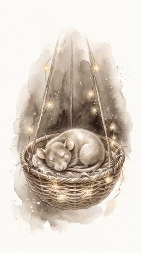 Watercolor Sleeping Rat in Hanging Basket
