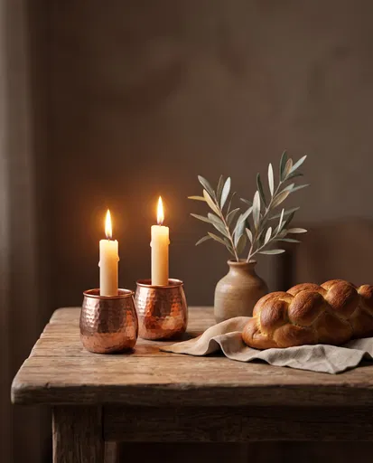 Shabbat Candles and Challah on Wooden Table