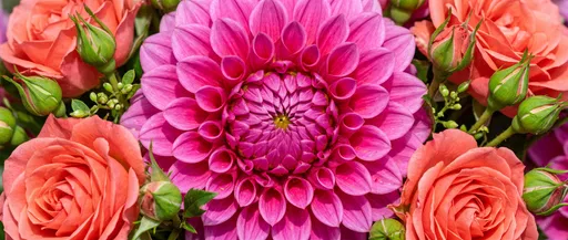 Pink Dahlia and Coral Roses Macro