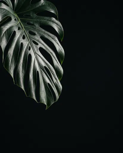 Dark Monstera Leaf on Black Background