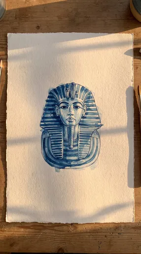 Blue Watercolor Drawing of King Tut Mask