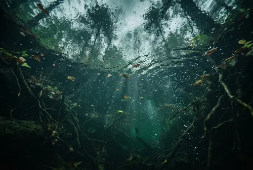 Underwater View of Rain on Forest Pond