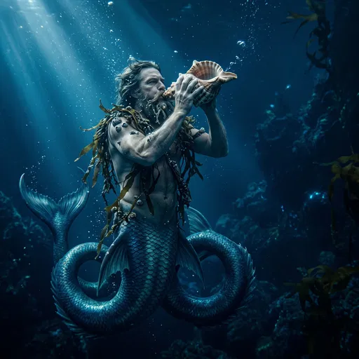 Mythological Triton Blowing Conch Shell Underwater
