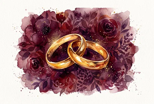 Watercolor Gold Wedding Rings on Burgundy Floral