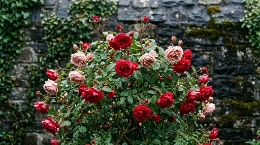 Rain-Soaked Red and Pink Rose Bush