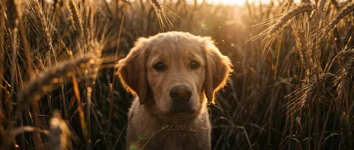 Golden Retriever Puppy in Sunset Wheat