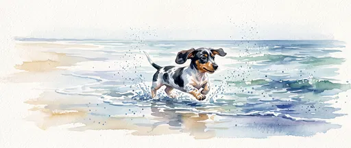 Watercolor Dachshund Puppy Splashing at Beach