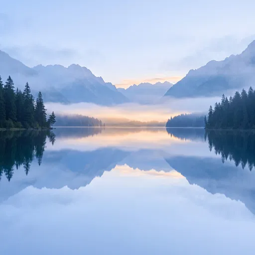 Misty Alpine Lake Symmetrical Reflection