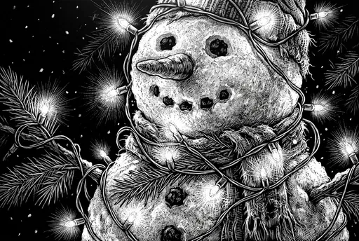 Monochrome Scratchboard Snowman With String Lights