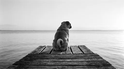 Pug Sitting on Wooden Pier in Monochrome