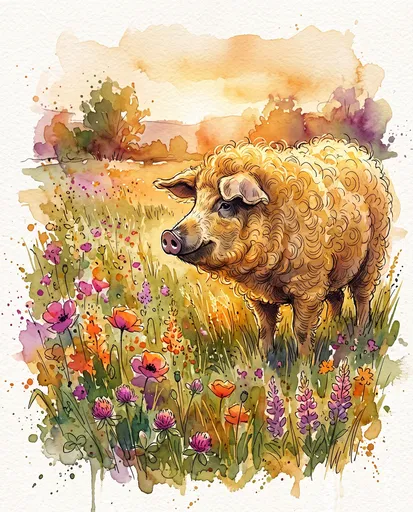 Watercolor Mangalitsa Pig in Wildflower Meadow