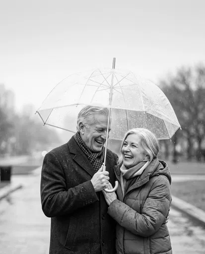 Senior Couple Laughing Under Clear Umbrella