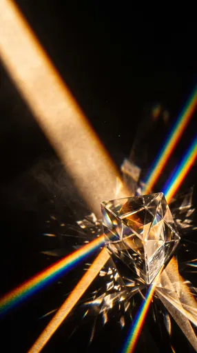 Crystal Prism Refracting Golden Light Into Rainbows