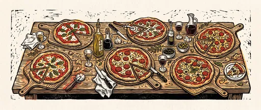 Linocut Illustration of Rustic Pizza Feast