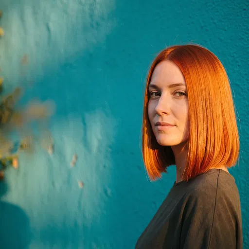 Woman With Copper Bob Against Teal Wall