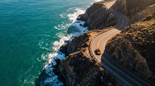 Aerial View of Orange Supercar on Coast