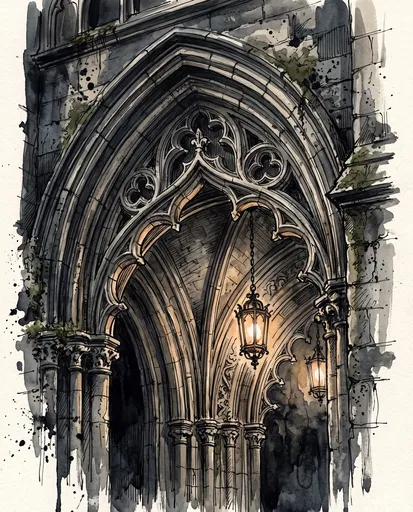 Gothic Archway Ink and Watercolor Illustration