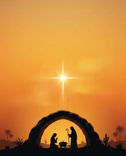 Nativity Scene Silhouette Against Golden Sky