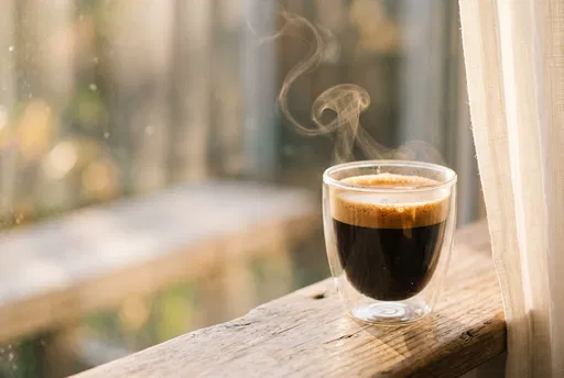 Steaming Espresso on Sunny Window Ledge