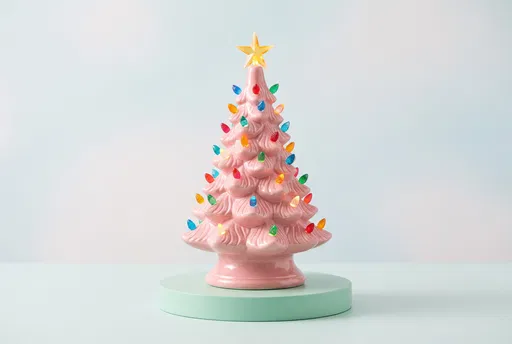 Vintage Pink Ceramic Christmas Tree on Pedestal
