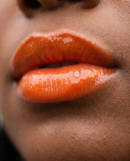 Macro Close-Up of Glossy Tangerine Lips