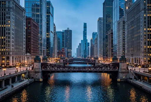 Symmetrical Urban River Canyon at Twilight