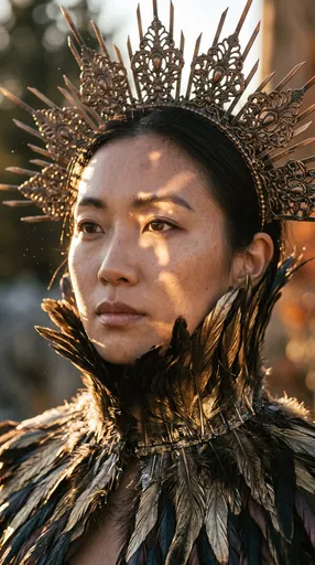Woman Wearing Bronze Crown and Feathered Cape