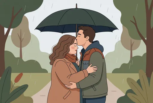 Couple Sharing Forehead Kiss Under Umbrella