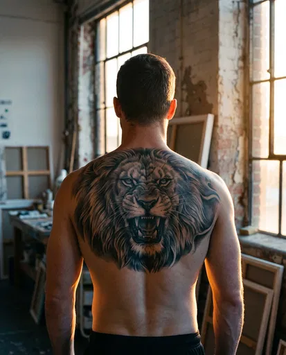 Man With Roaring Lion Back Tattoo