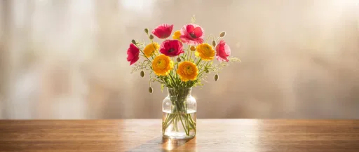 Poppies and Ranunculus in Glass Vase