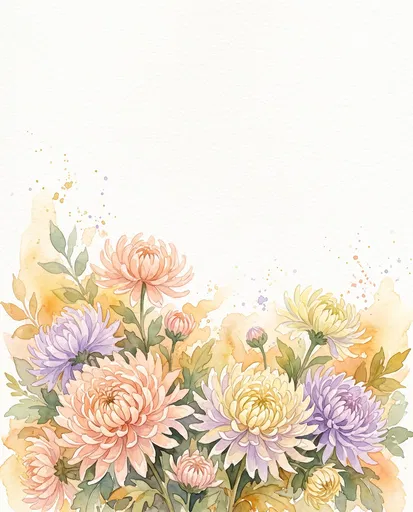 Pastel Watercolor Chrysanthemums Bottom Border