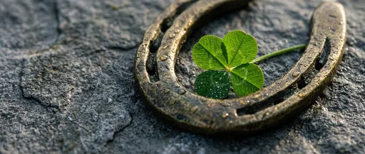 Brass Horseshoe and Four-Leaf Clover on Stone