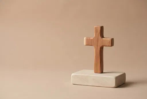 Minimalist Wooden Cross on Limestone Block