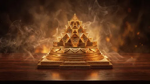Golden Sri Yantra Meru Pyramid on Altar