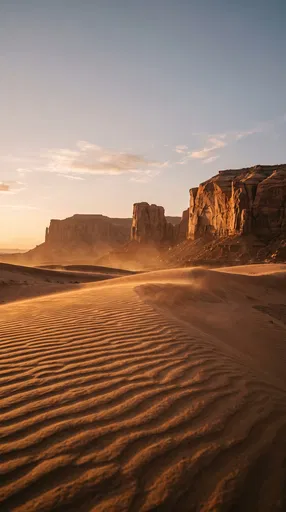 Golden Sunset Over Desert Dunes and Mesas