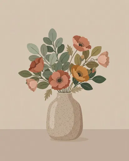 Illustrated Speckled Vase With Poppies and Leaves
