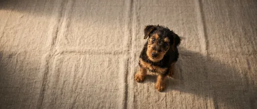 Airedale Terrier Puppy Looking Up on Rug