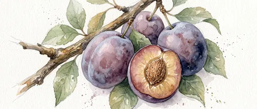 Watercolor Plums on Branch Illustration