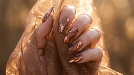 Copper Chrome Swirl Almond Nail Art