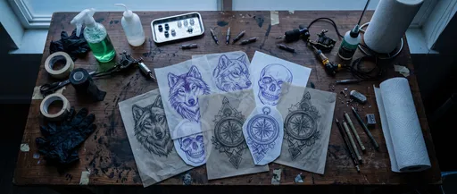 Tattoo Artist Workbench With Stencil Drawings