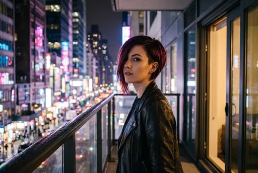 Woman With Burgundy Asymmetrical Bob On Balcony
