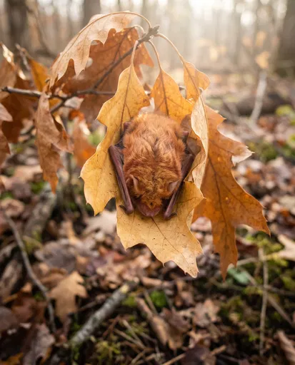 Sleeping Red Bat in Autumn Leaf